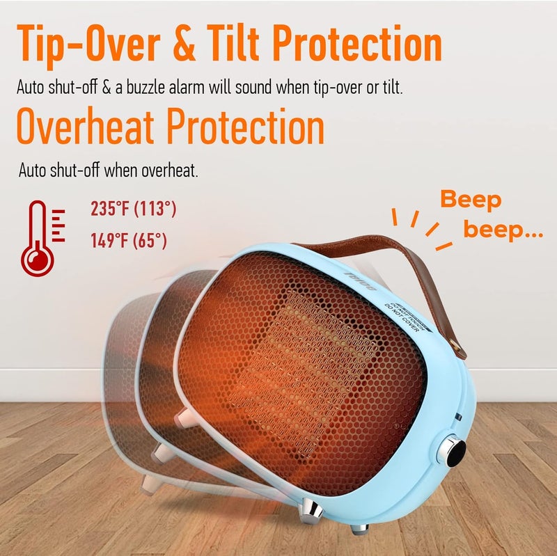 Teioe Space Heater, Mini Electric Space Heater 800W/400W, Small PTC Ceramic Heater with Tip-Over and Overheat Protection, 3 Operating Modes, Space Heaters for Indoor, Office, Bedroom(Sky Blue) - Image 4